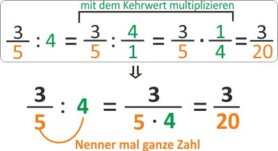 Brüche durch natürliche Zahlen dividieren