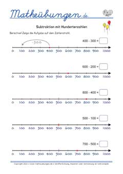 Subtraktion ganzer Hunderter - Arbeitsblätter Mathe 3. Klasse