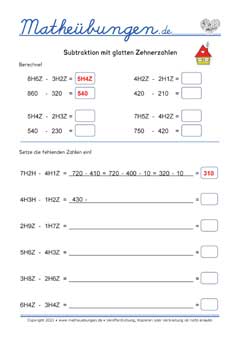 Subtraktion mit Zehnerzahlen - Arbeitsblätter Mathe 3. Klasse
