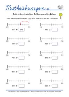 Subtraktion einstelliger Zahlen vom vollen Zehner - Arbeitsblätter Mathe