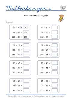 Verwandte Minusaufgaben - Arbeitsblätter Mathe 3. Klasse