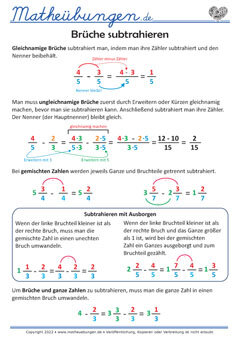Lernposter Mathe - Brüche subtrahieren
