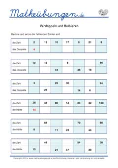 Verdoppeln und Halbieren - Arbeitsblätter Mathe 3. Klasse