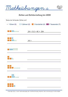 Zahlen bestimmen bis 1000 - Zahldarstellung - Arbeitsblätter