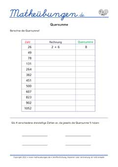 Quersumme - Arbeitsblätter Mathe 3. Klasse Grundschule