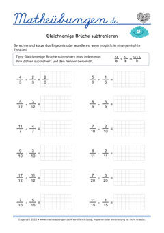 Arbeitsblätter - Gleichnamige Brüche subtrahieren