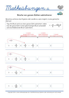 Arbeitsblätter - Subtraktion Ganze Zahl minus Bruch