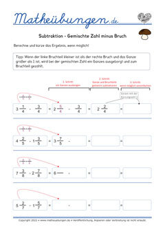 Arbeitsblätter - Subtraktion - Gemischte Zahl minus Bruch