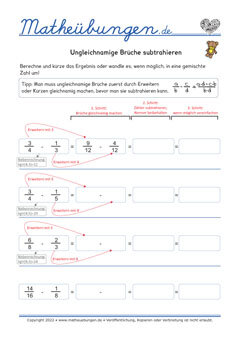 Arbeitsblätter - Ungleichnamige Brüche subtrahieren
