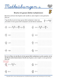 Arbeitsblätter - Brüche mit ganzen Zahlen multiplizieren