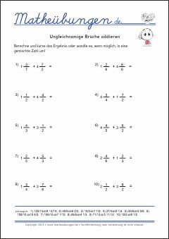 Ungleichnamige Brüche addieren - Mathe-Aufgaben mit Lösungen