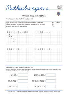 Division mit Dezimalzahlen - Arbeitsblätter