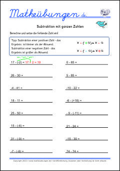 Arbeitsblätter - Subtraktion ganzer Zahlen