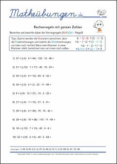 Rechenregeln mit ganzen Zahlen - Mathe-Aufgaben mit Lösungen