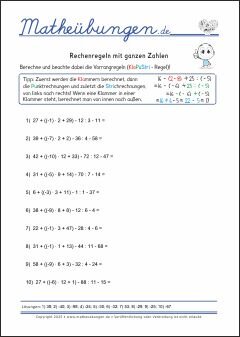 Rechenregeln mit ganzen Zahlen - Mathe-Aufgaben mit Lösungen