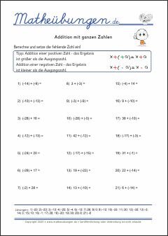 Addition mit ganzen Zahlen - Mathe-Aufgaben mit Lösungen