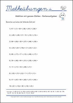 Addition mit ganzen Zahlen - Kettenaufgaben - Mathe-Aufgaben mit Lösungen