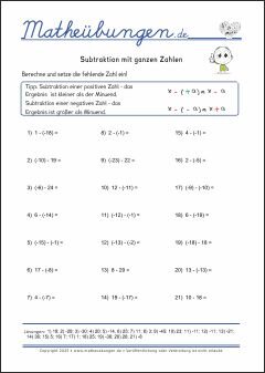 Subtraktion mit ganzen Zahlen - Mathe-Aufgaben mit Lösungen