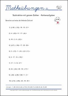Subtraktion mit ganzen Zahlen - Mathe-Aufgaben mit Lösungen