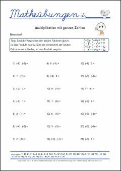 Multiplikation mit ganzen Zahlen - Mathe-Aufgaben mit Lösungen