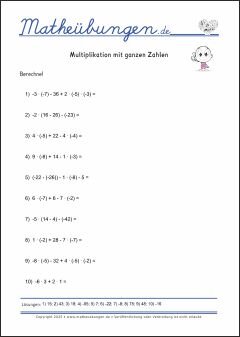 Multiplikation mit ganzen Zahlen - Mathe-Aufgaben mit Lösungen