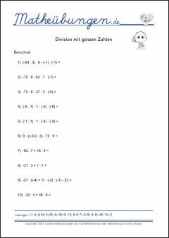 Division mit ganzen Zahlen - Mathe-Aufgaben mit Lösungen