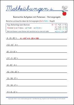 KlaPoPuStri - Regel - Gemischte Aufgaben mit Potenzen - Vorrangregeln Übungen