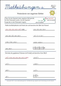 Übungen Mathematik - Potenzieren von negativen Zahlen