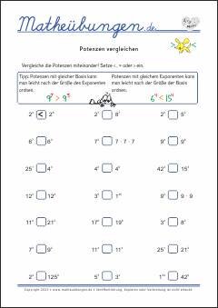 Potenzen vergleichen Übungen Mathematik