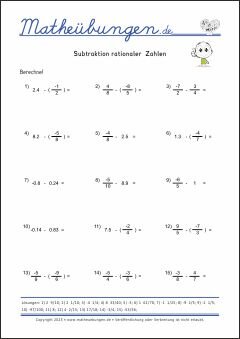 Subtraktion rationaler Zahlen - Mathe-Aufgaben mit Lösungen