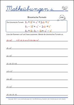 Mathe Übungen - Binomische Formeln anwenden